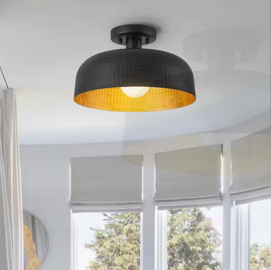 EDISLIVE Nathan 12.2 in. 1-Light Black Farmhouse Semi Flush Mount Ceiling Light with Hammer Finish