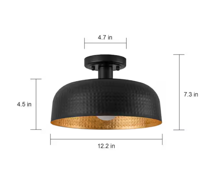 EDISLIVE Nathan 12.2 in. 1-Light Black Farmhouse Semi Flush Mount Ceiling Light with Hammer Finish