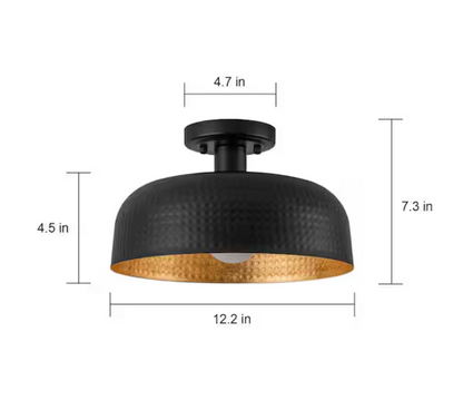 EDISLIVE Nathan 12.2 in. 1-Light Black Farmhouse Semi Flush Mount Ceiling Light with Hammer Finish