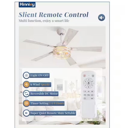 HINNIXY 48 in. Indoor White Gold Dual Finish 5 Blades 6-Speed Downrod Mount Ceiling Fan with Lights and Remote Control Included