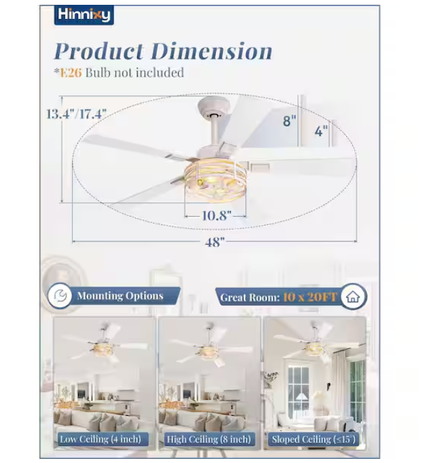 HINNIXY 48 in. Indoor White Gold Dual Finish 5 Blades 6-Speed Downrod Mount Ceiling Fan with Lights and Remote Control Included