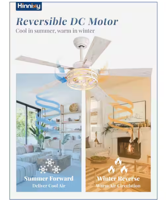 HINNIXY 48 in. Indoor White Gold Dual Finish 5 Blades 6-Speed Downrod Mount Ceiling Fan with Lights and Remote Control Included