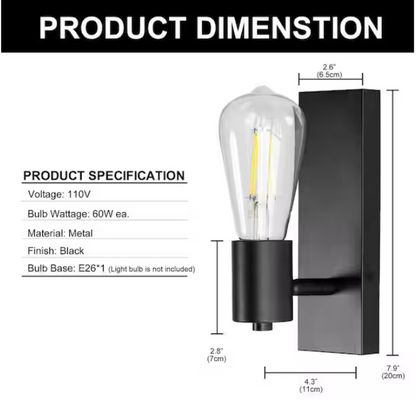 YANSUN 2.76 in. 1-Light Matte Black Vintage Industrial Bulb Wall Sconce for Bathroom Stair Bedroom