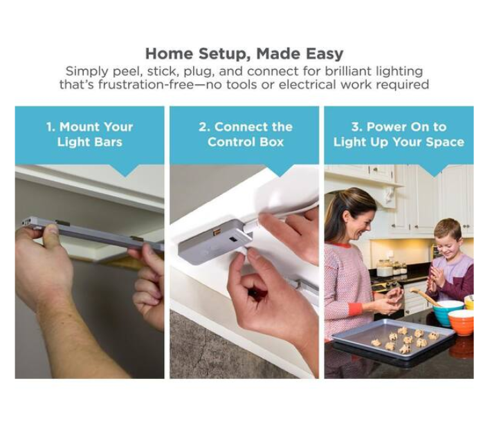 BLACK+DECKER 9 in. LED 4-Bar Tool-Free Under Cabinet Lighting Kit, Adjustable White Light