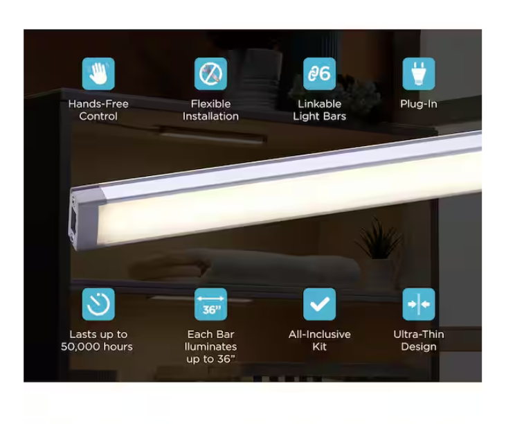 BLACK+DECKER 9 in. LED 4-Bar Tool-Free Under Cabinet Lighting Kit, Adjustable White Light