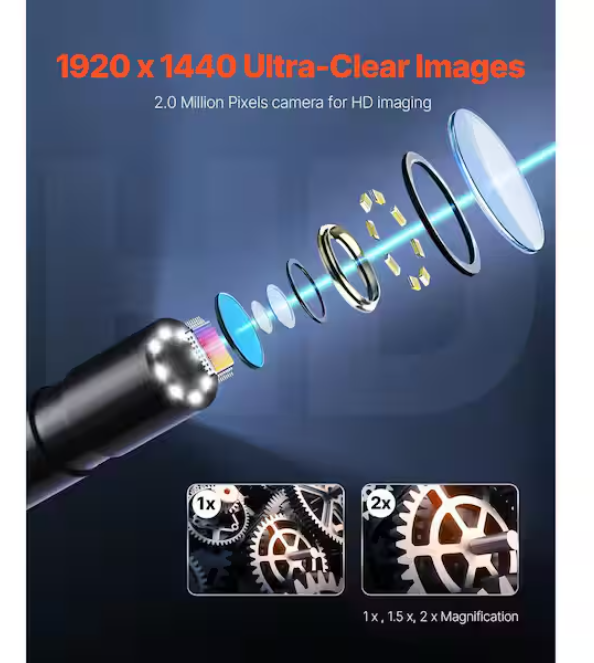 SVOPES 1920P HD Endoscope with 49.2 ft. Semi-Rigid Cable, 8 LEDs, 2X Zoom, IP67 Waterproof. Compatible with Android/iOS