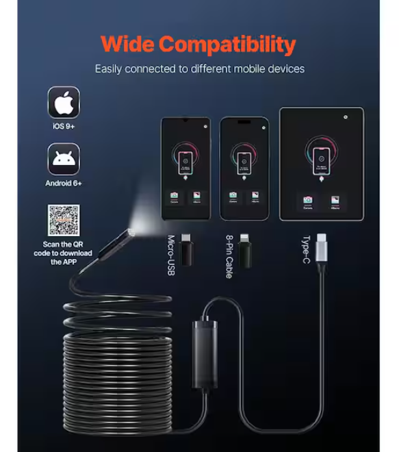 SVOPES 1920P HD Endoscope with 49.2 ft. Semi-Rigid Cable, 8 LEDs, 2X Zoom, IP67 Waterproof. Compatible with Android/iOS