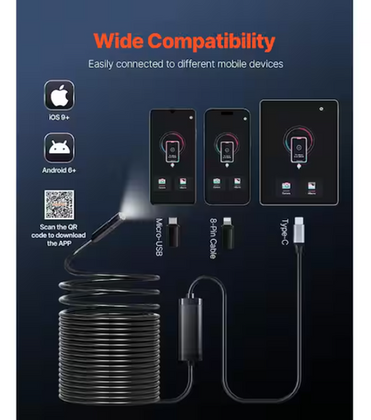 SVOPES 1920P HD Endoscope with 49.2 ft. Semi-Rigid Cable, 8 LEDs, 2X Zoom, IP67 Waterproof. Compatible with Android/iOS