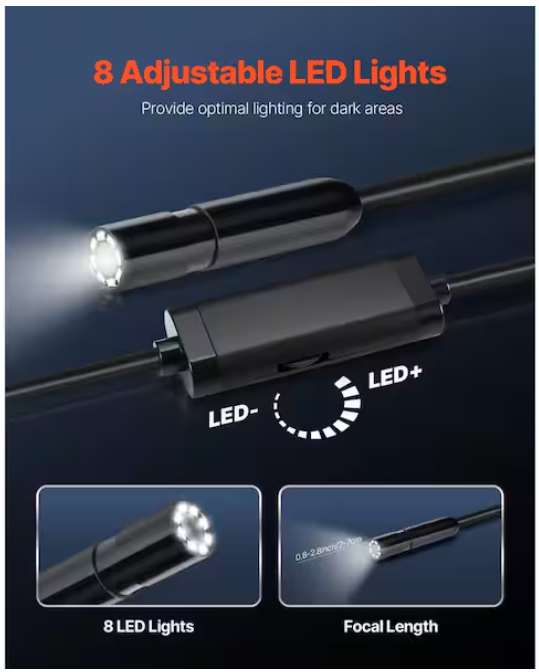SVOPES 1920P HD Endoscope with 49.2 ft. Semi-Rigid Cable, 8 LEDs, 2X Zoom, IP67 Waterproof. Compatible with Android/iOS