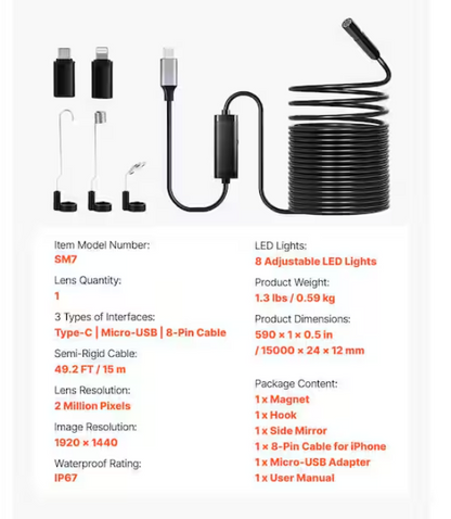 SVOPES 1920P HD Endoscope with 49.2 ft. Semi-Rigid Cable, 8 LEDs, 2X Zoom, IP67 Waterproof. Compatible with Android/iOS