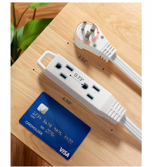 DEWENWILS 10ft. SPT-3,16 Awg /3Conductors Flat Power Cable, Indoor/Outdoor Extension Cord with 3Prong Ultra Thin Power Strip,White