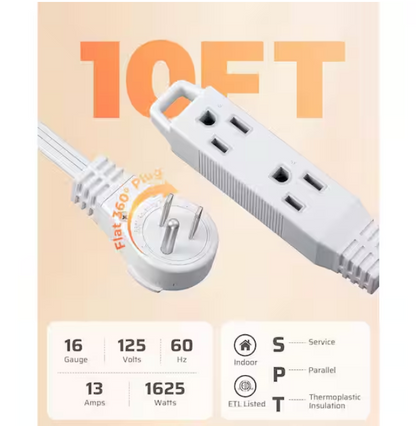 DEWENWILS 10ft. SPT-3,16 Awg /3Conductors Flat Power Cable, Indoor/Outdoor Extension Cord with 3Prong Ultra Thin Power Strip,White