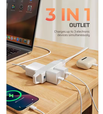 DEWENWILS 10ft. SPT-3,16 Awg /3Conductors Flat Power Cable, Indoor/Outdoor Extension Cord with 3Prong Ultra Thin Power Strip,White
