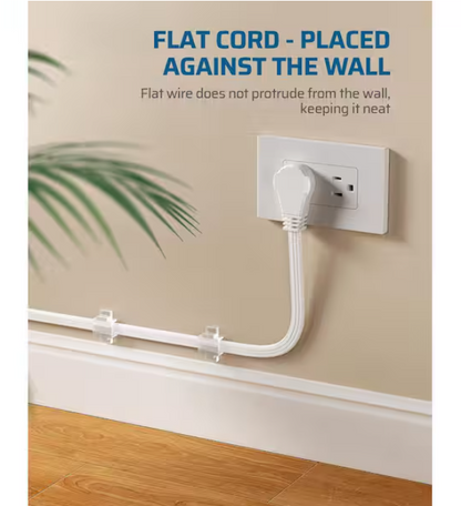 DEWENWILS 10ft. SPT-3,16 Awg /3Conductors Flat Power Cable, Indoor/Outdoor Extension Cord with 3Prong Ultra Thin Power Strip,White