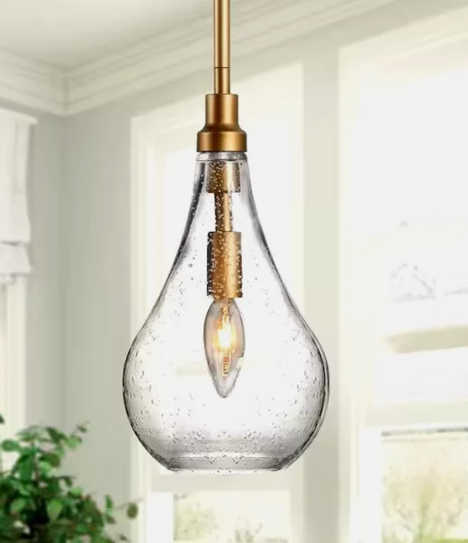 Uolfin Modern Island Pendant Light, Iros 1-Light Brass Gold Teardrop Chandelier Pendant Light with Seeded Glass Shade