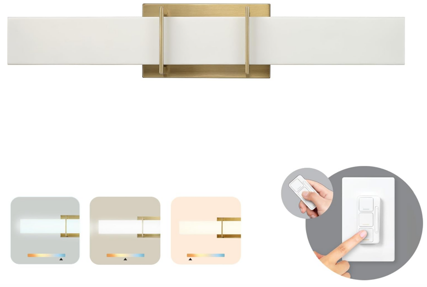 63000042 AmbianceSelect™ 24" Dimmable Color Adjustable LED Integrated Vanity Light, Dimmer Remote and Wall Mount Included (no wiring required, battery included), Matte Brass