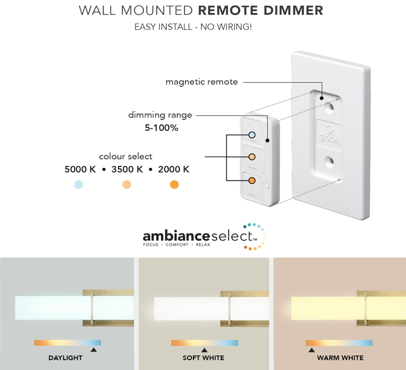 63000042 AmbianceSelect™ 24" Dimmable Color Adjustable LED Integrated Vanity Light, Dimmer Remote and Wall Mount Included (no wiring required, battery included), Matte Brass