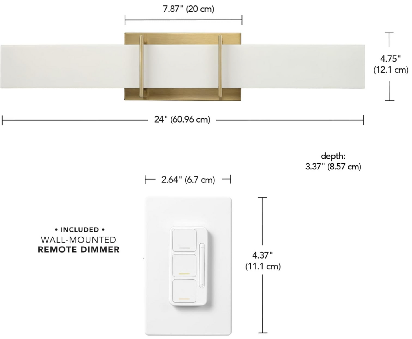 63000042 AmbianceSelect™ 24" Dimmable Color Adjustable LED Integrated Vanity Light, Dimmer Remote and Wall Mount Included (no wiring required, battery included), Matte Brass