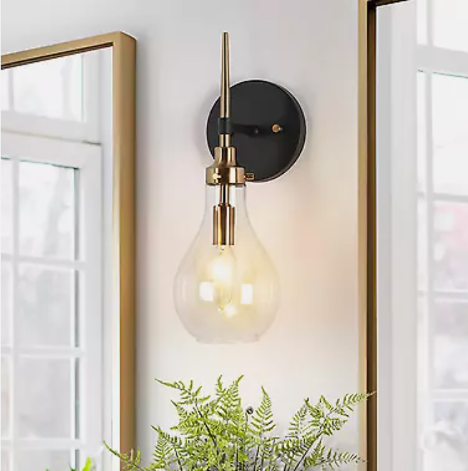 Uolfin 15-in H. Modern Bedroom Teardrop Wall Sconce 1-Light Black and Brass Gold Bathroom Vanity Light with Clear Glass Shade