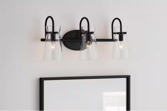 Hampton Bay Vinton Place 22 in. 3-Light Matte Black Bathroom Vanity Light with Clear Shades