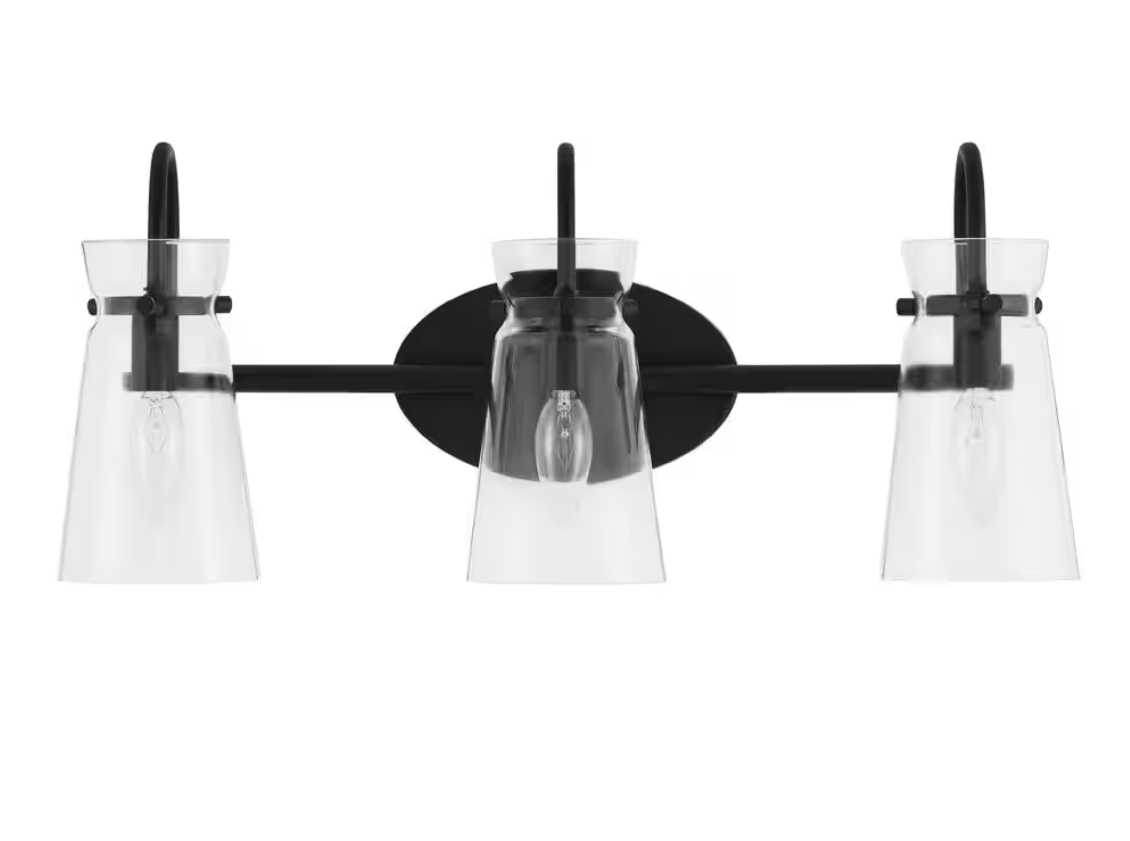 Hampton Bay Vinton Place 22 in. 3-Light Matte Black Bathroom Vanity Light with Clear Shades