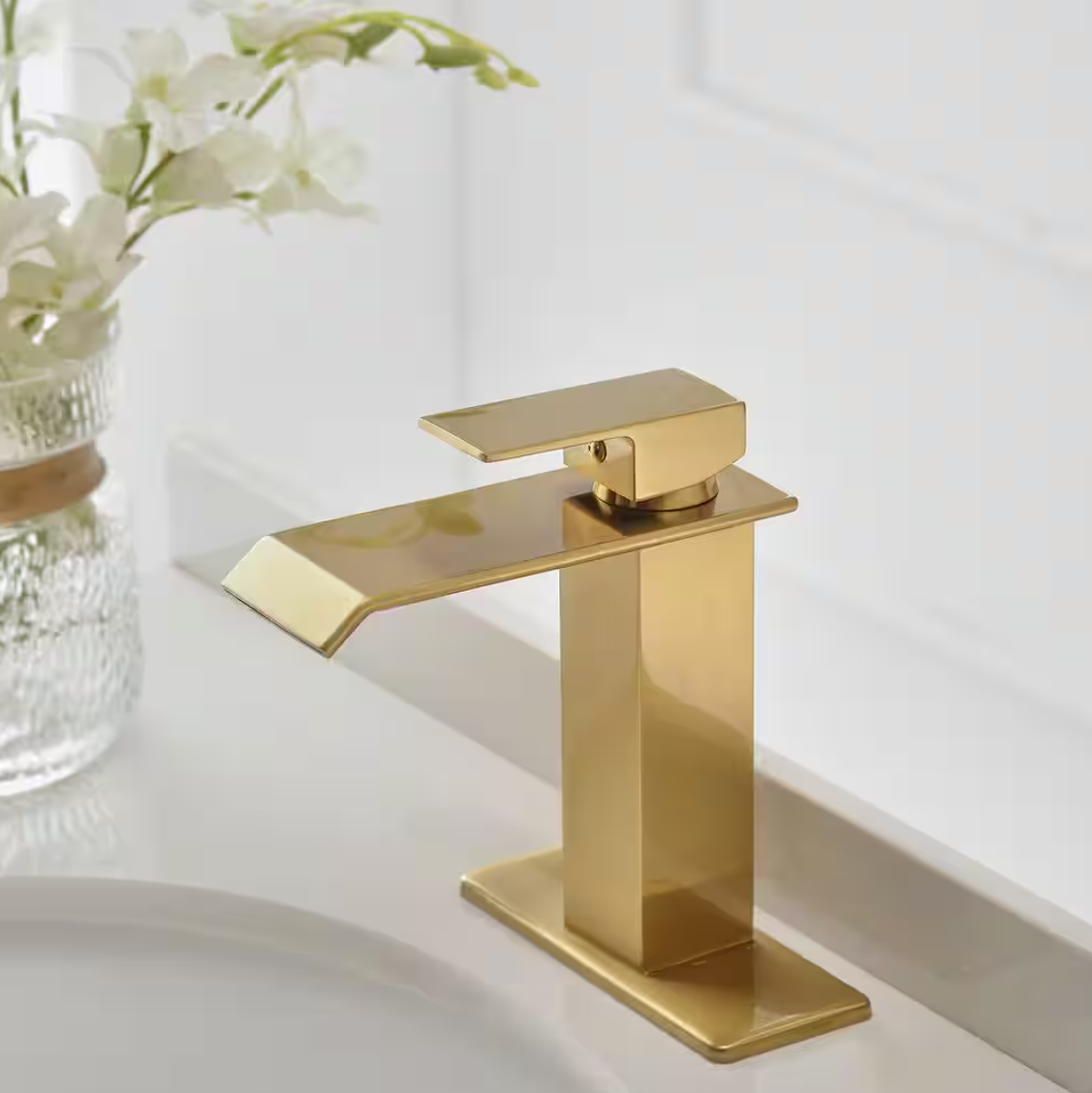 BWE Waterfall Single Hole Low-Arc Brushed Gold Bathroom Faucet w/ Pop-up Drain Assembly