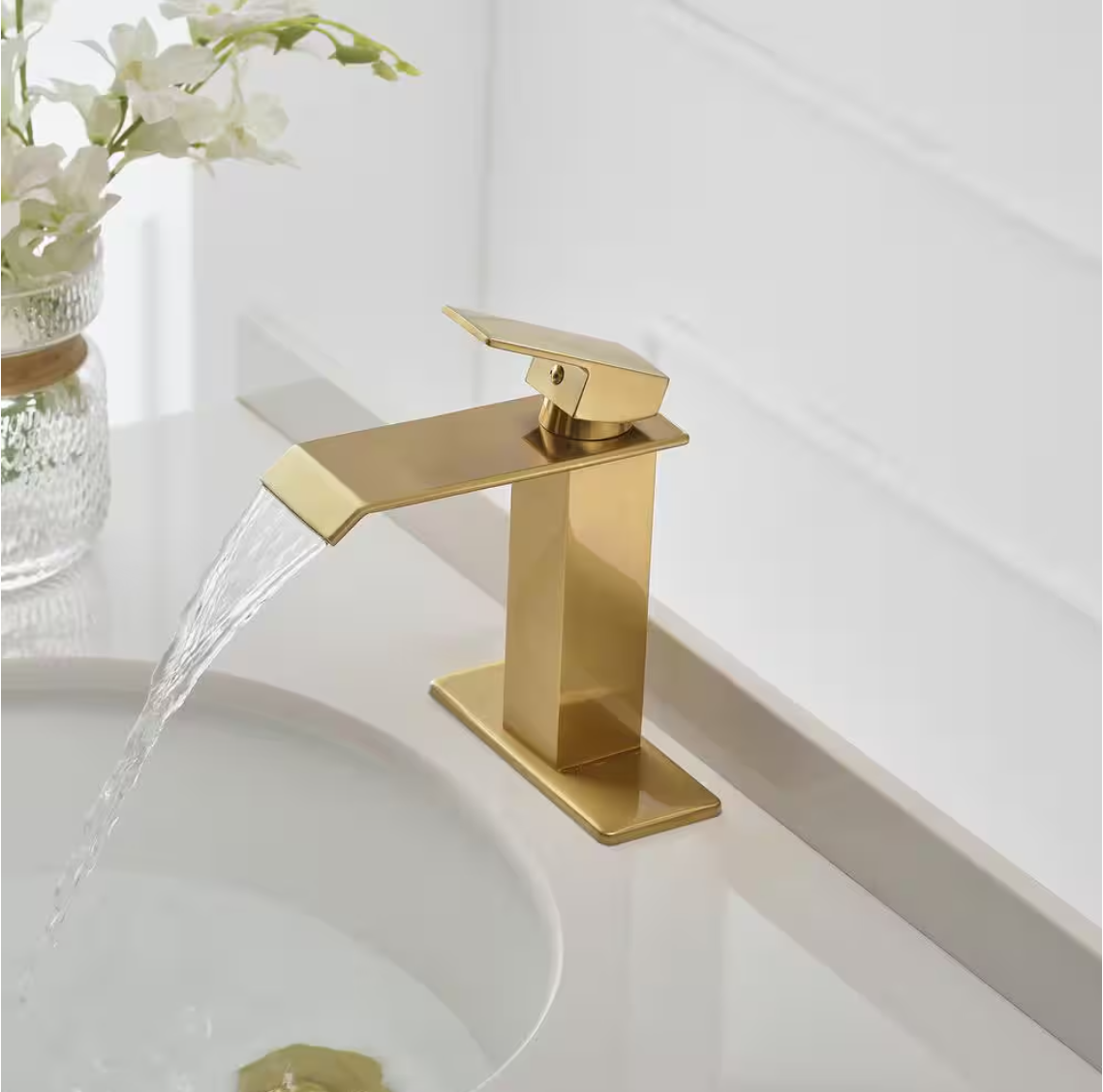 BWE Waterfall Single Hole Low-Arc Brushed Gold Bathroom Faucet w/ Pop-up Drain Assembly