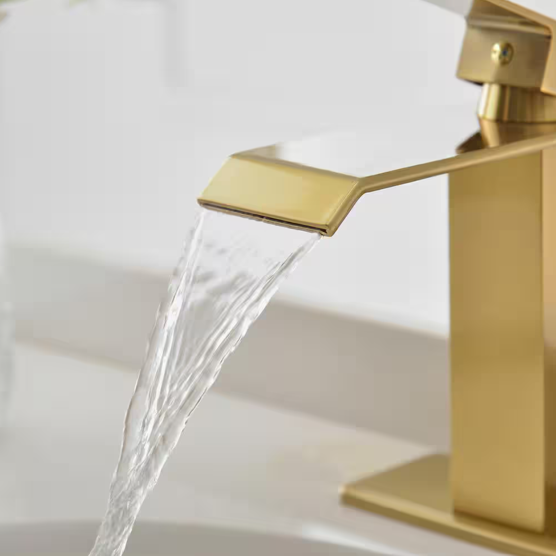 BWE Waterfall Single Hole Low-Arc Brushed Gold Bathroom Faucet w/ Pop-up Drain Assembly