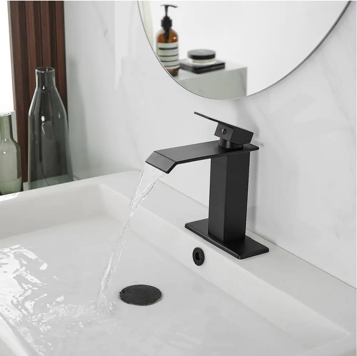 Waterfall Single Hole Single-Handle Low-Arc Bathroom Faucet with Pop-up Drain