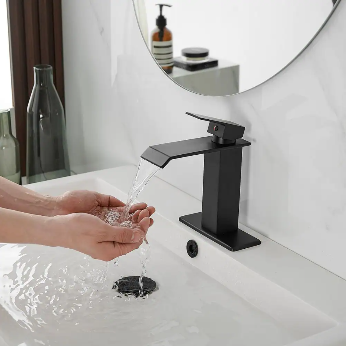 Waterfall Single Hole Single-Handle Low-Arc Bathroom Faucet with Pop-up Drain