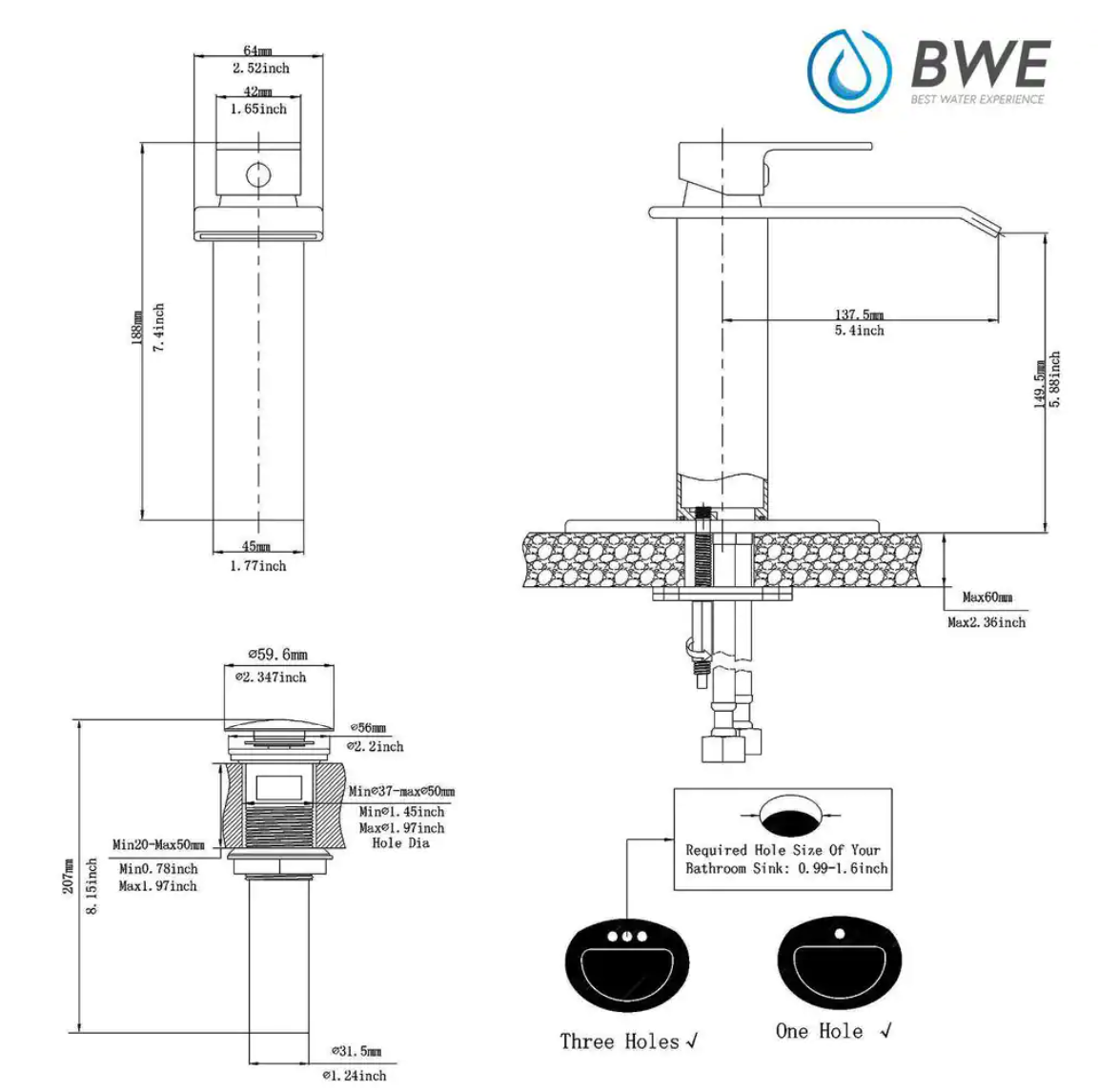 Waterfall Single Hole Single-Handle Low-Arc Bathroom Faucet with Pop-up Drain