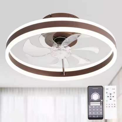 Oaks Aura 20 in. Integrated LED Indoor Brown Flush Mount Ceiling Fan with Light, Smart App Remote Control