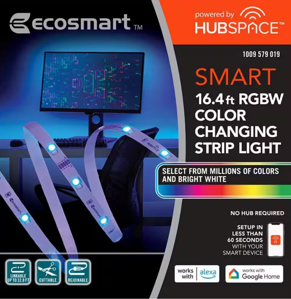 EcoSmart 16.4 Ft. Smart RGBW Color Changing Dimmable Plug-in LED Strip Light Powered by Hubspace, White