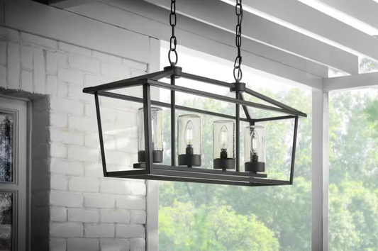 Home Decorators Collection Jill 4-Light Textured Black Linear Chandelier with Weather Zinc Clear Seedy Glass