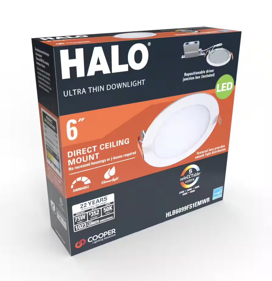 HALO HLB 6 Inch Selectable CCT New Construction or Remodel Canless Recessed Integrated LED Kit