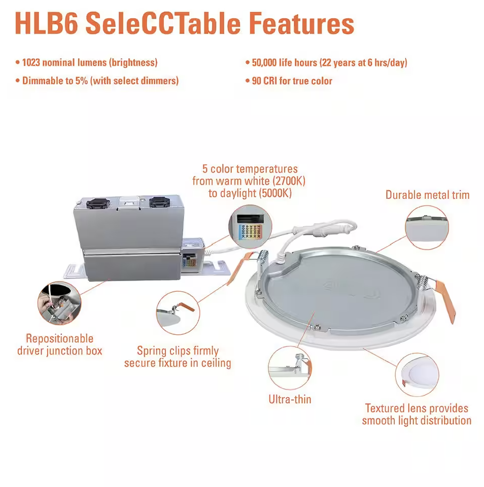 HALO HLB 6 Inch Selectable CCT New Construction or Remodel Canless Recessed Integrated LED Kit