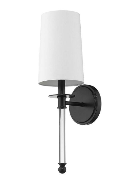 1-Light Matte Black Wall Sconce with White Fabric Shade