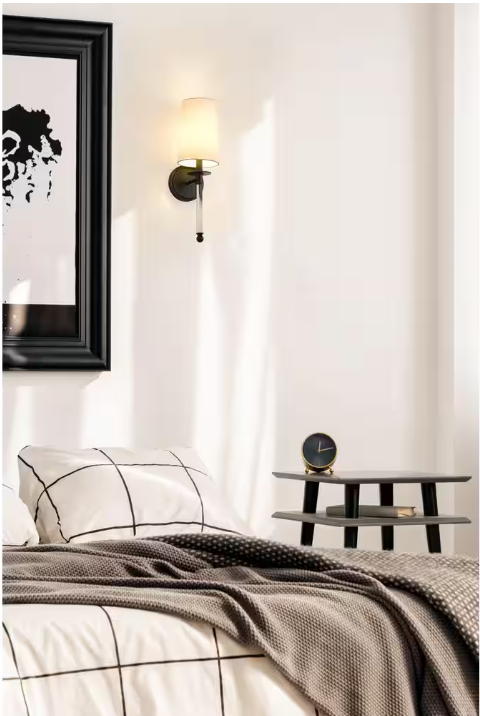 1-Light Matte Black Wall Sconce with White Fabric Shade