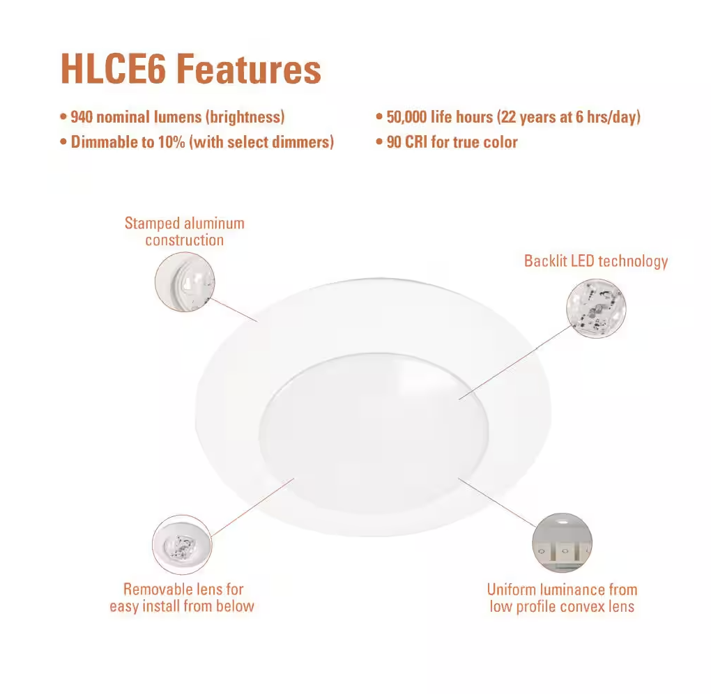 HALO HLCE 6" LED Disk Light, 900lm, 3000K, 18-Pack, Title 20 Compliant.