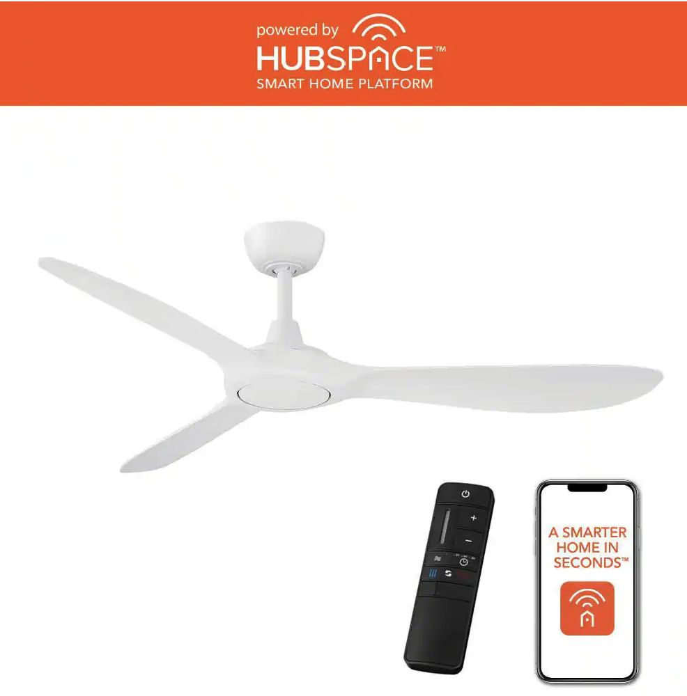 Tager 52" Smart Matte White Ceiling Fan, Indoor/Outdoor, Remote, Hubspace