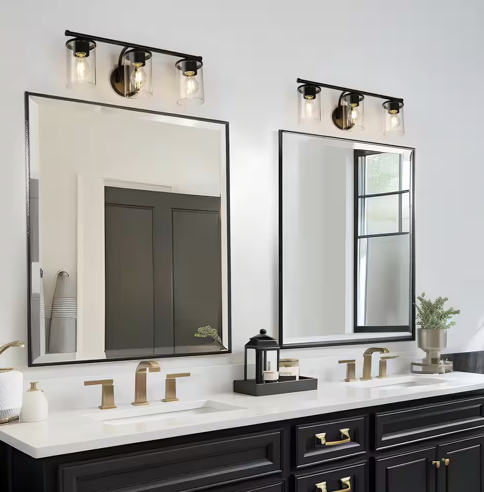 Modern Matte Black 21.6" 3-Light Vanity Light with Clear Glass Shades