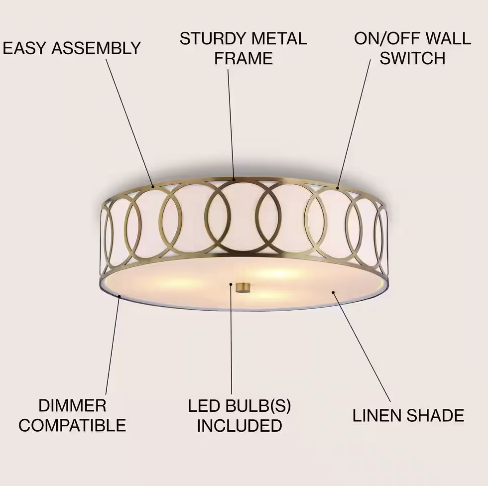 JONATHAN Y Aubrey 3-Light 15.5 in. Brass Gold Metal Flush Mount