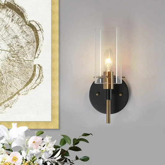 Zevni Modern 1-Light Brass Gold Wall Sconce, Black Vanity Light with Open Cylinder Clear Glass Shades Wall Light