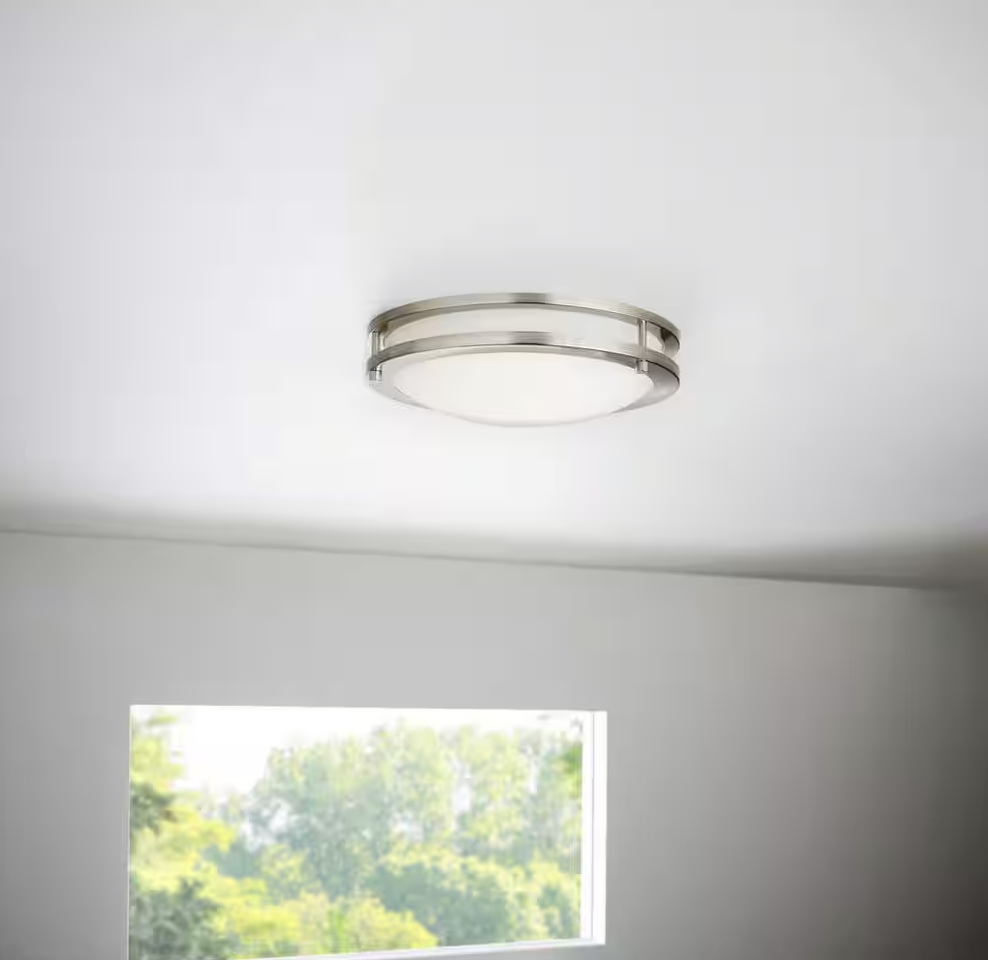 Hampton Bay Flaxmere 12 in. Brushed Nickel Dimmable Integrated LED Flush Mount Ceiling Light with Frosted White Glass Shade