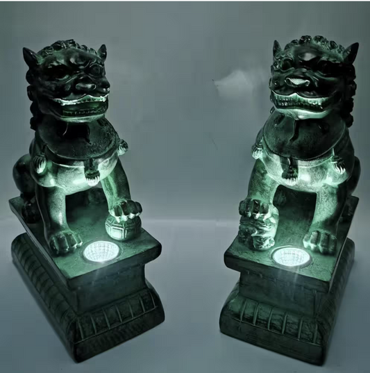 8 in. 2-Light Integrated LED Solar Powered Pair of Asian Guardian Lions Garden Statuary in Patina Accents (2-Pack)