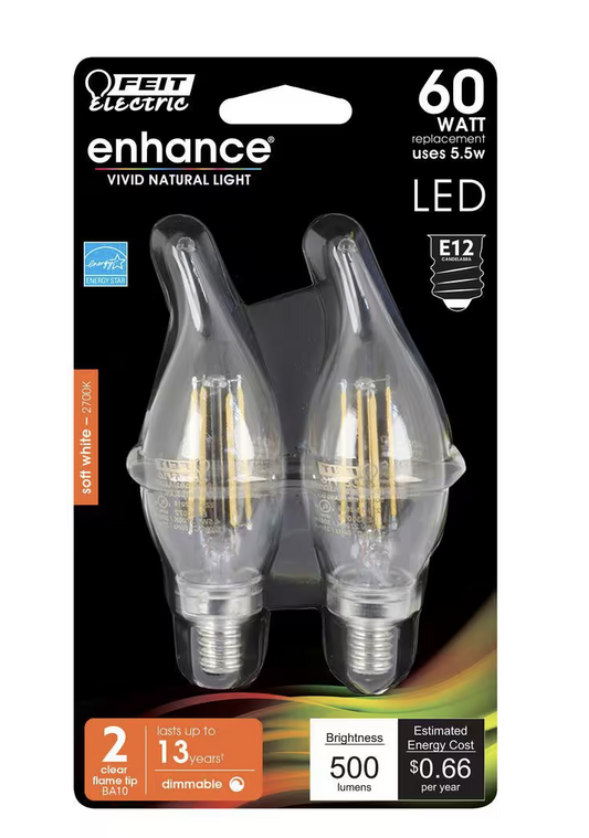 Feit Electric 60-Watt Equivalent BA10 E12 Candelabra Dimmable Filament CEC Clear Glass Chandelier LED Light Bulb Soft White (2-Pack)