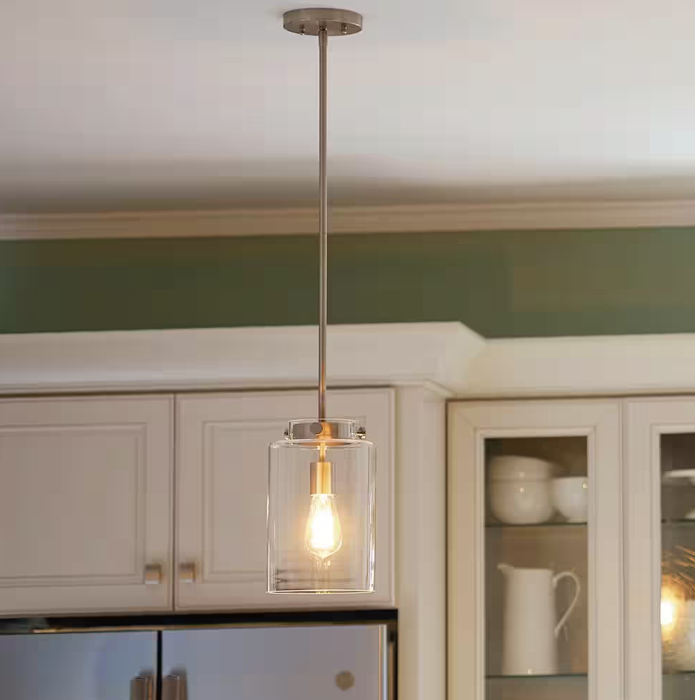 Hampton Bay Mullins 6.75 in. 1-Light Brushed Nickel Mini Pendant with Clear Glass Shade