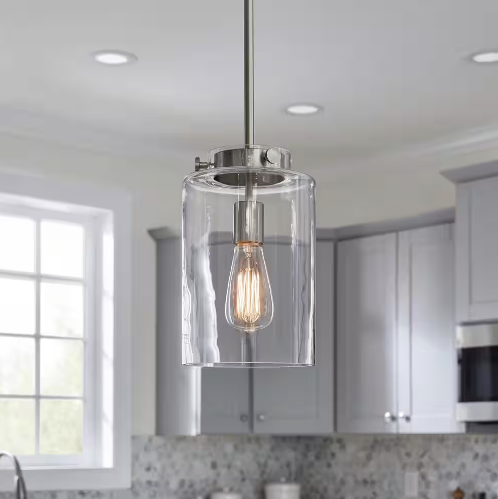 Hampton Bay Mullins 6.75 in. 1-Light Brushed Nickel Mini Pendant with Clear Glass Shade