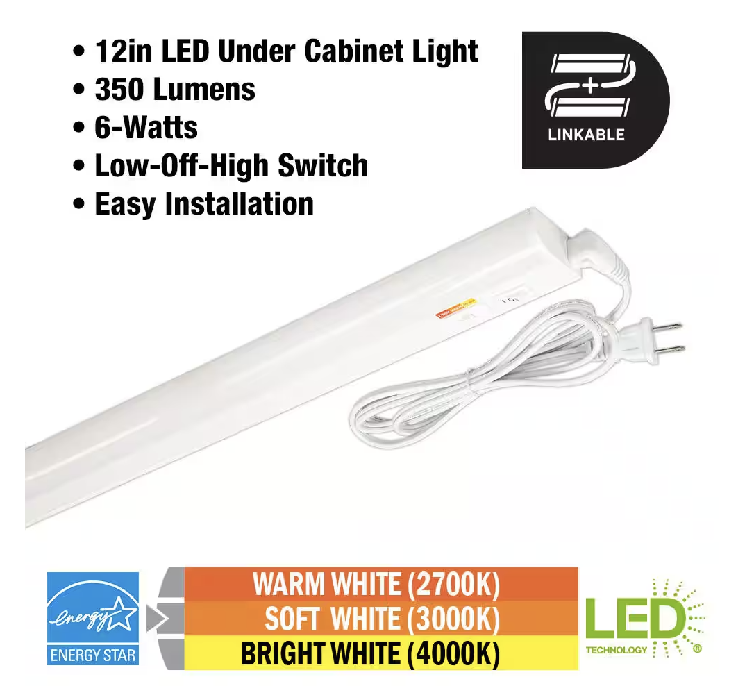 Commercial Electric Plug-In 12 inch Linkable LED Undercabinet Light Task Under Counter Kitchen Lighting 3 Color Temperature Options