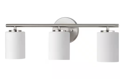 Replay Collection 22 in. 3-Light Brushed Nickel Etched White Glass Modern Bathroom Vanity Light